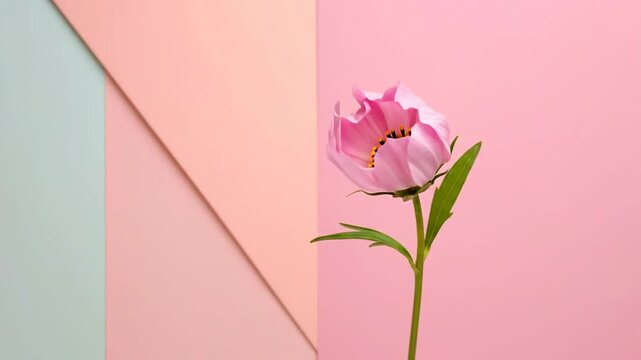A beautiful pink cosmos flower against a pastel geometric background, perfect for design.