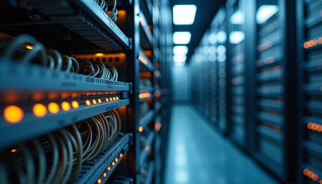 Data center interior with server racks and illuminated cables providing network connectivity in technology environment.