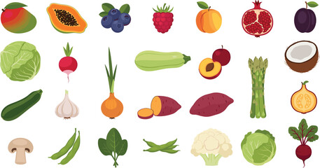 Fresh Fruits and Vegetables Flat Vector Icons Set Featuring Mango, Papaya, Blueberries, Pomegranate, Asparagus, Sweet Potato and Organic Produce