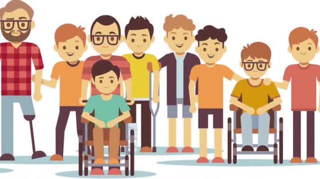 Diverse group of people standing together animation, inclusion and community diversity concept, teamwork and unity scene, 2D cartoon