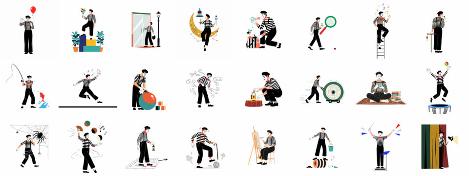 A comprehensive collection of mime artists performing diverse actions and expressing emotions, showcasing a range of pantomime scenarios and theatrical expressions.