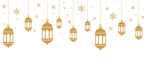 Elegant seamless pattern of hanging golden Arabian lanterns and decorative stars on a light background. Islamic festive design ideal for Ramadan, Eid greetings, invitations, wallpapers and banners. © bibin