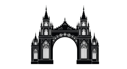 Fototapeta premium Elegant gothic triumphal archway illustration with intricate detailing and symmetrical towers isolated on white background