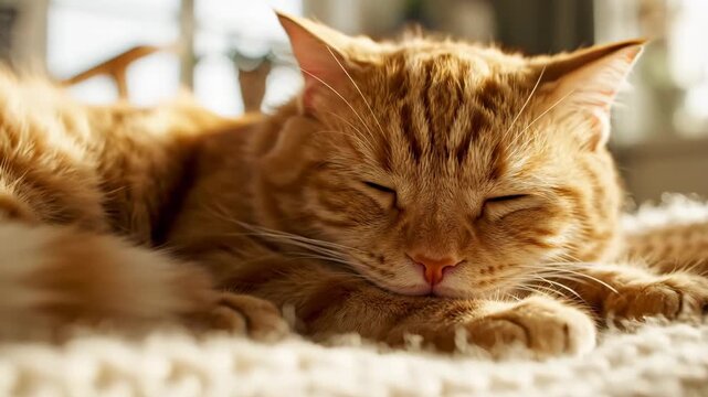 Peaceful ginger tabby cat sleeping soundly on a soft cozy white textured blanket indoors in warm light