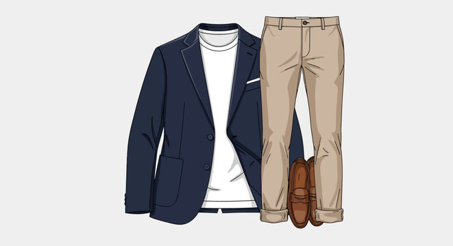 Men's smart casual outfit flat lay with blazer, t-shirt, pants and shoes.