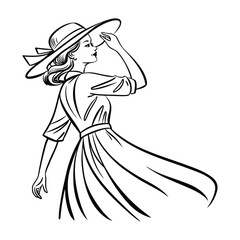 Elegant Woman in Hat | Vintage Fashion Line Art Illustration