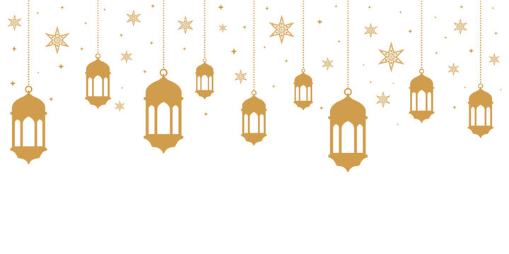 Elegant seamless pattern of hanging golden Arabian lanterns and decorative stars on a light background. Islamic festive design ideal for Ramadan, Eid greetings, invitations, wallpapers and banners.