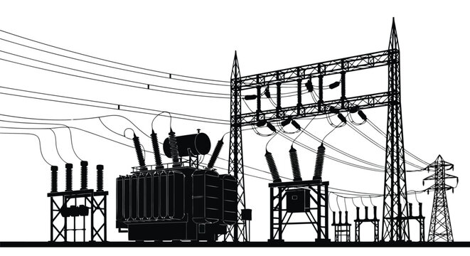 Detailed black and white flat illustration of power substation with transformers and transmission lines isolated on white background