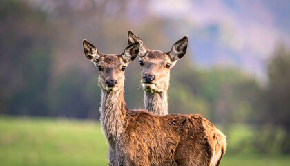 Obraz premium Two deer stand closely together, heads forward, in a bright green field with a blurred background