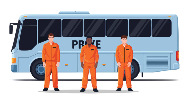 Three men in orange jumpsuits, likely prisoners or detainees, standing in front of a light blue bus, symbolizing inmate transportation, justice system, and crime.