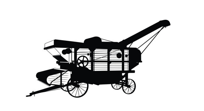 Vintage flat vector silhouette of old-fashioned stationary threshing machine with hopper and wheels isolated on white background