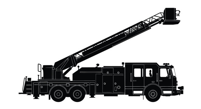 Black flat vector silhouette of fire truck with extended rescue ladder arm isolated on white background