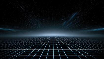 Futuristic grid receding into a cosmic nebula with glowing particles