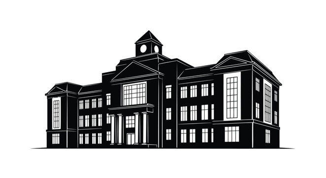 Elegant black and white flat illustration of a grand classical school building with clock tower isolated on white background