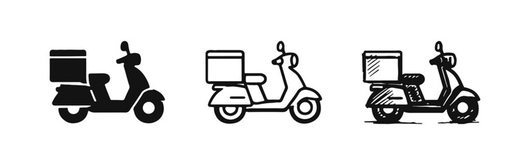 Delivery Scooter Icon Set with Box - Solid, Outline, and Hand-Drawn Styles for Logistics and Fast Service © drawing lines