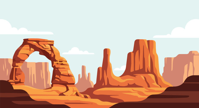 Iconic desert vista showcasing a majestic natural rock arch and dramatic red sandstone towering cliffs. A serene arid landscape illustration under a