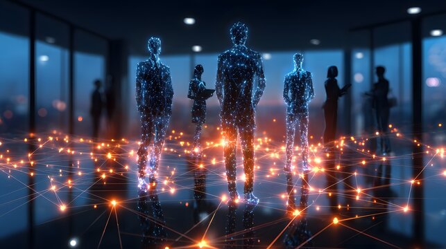 Digital Network Team: Futuristic representation of a diverse business team, interconnected within a digital network environment, symbolizing collaboration, innovation, and technological advancement.