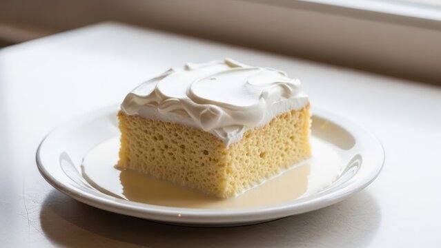 A slice of tres leches cake, drenched in milk, on a white plate