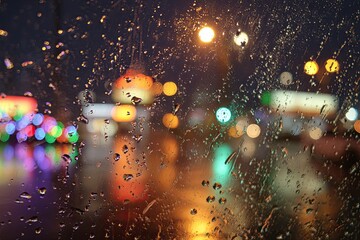 Blurred night lights and raindrops on glass create bokeh