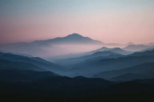 Ethereal mountain range fades into soft pink sky at dawn