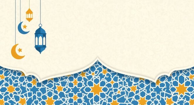 Ramadan kareem background with arabesque pattern and lanterns