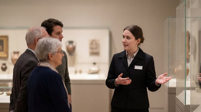 Female museum guide in black blazer explains artifacts to diverse group of visitors inside a well-lit exhibition space with glass display cases