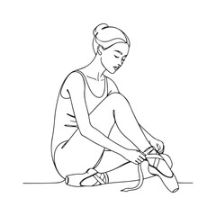 Ballerina Tying Pointe Shoes Line Art Illustration