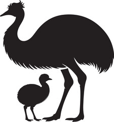 Emu Family Silhouette Adult Bird and Chick on White Background