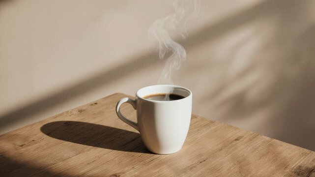 White coffee mug filled with hot coffee on a wooden table, with steam rising, in a well-lit room