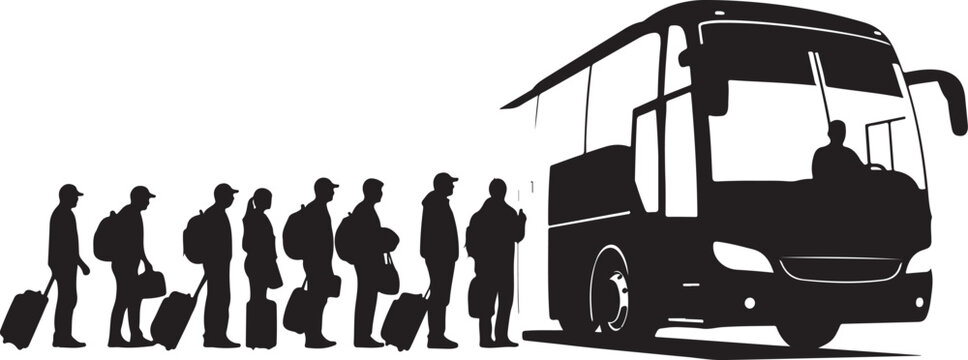 Black silhouette of people with luggage queuing for a bus with driver queue travel