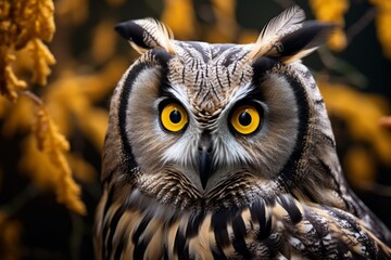 Obraz premium Long eared owl perched in autumn foliage, its intense yellow eyes observing