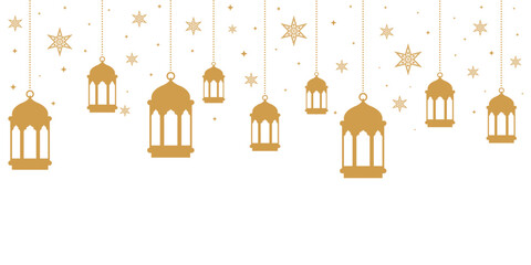 Elegant seamless pattern of hanging golden Arabian lanterns and decorative stars on a light background. Islamic festive design ideal for Ramadan, Eid greetings, invitations, wallpapers and banners. © bibin
