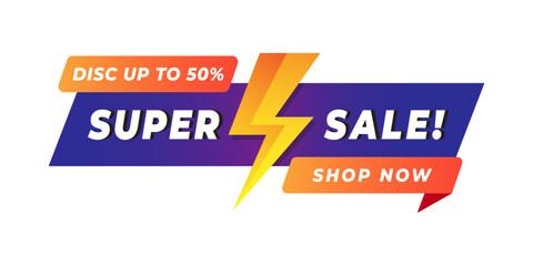 Bright promotional banner featuring a bold Super Sale ribbon, lightning bolt icon and 'Shop Now' call-to-action highlighting discounts up to 50% for retail, ecommerce and marketing campaigns.