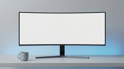 Curved ultrawide computer monitor with blank white screen and a mug on desk