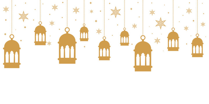 Elegant seamless pattern of hanging golden Arabian lanterns and decorative stars on a light background. Islamic festive design ideal for Ramadan, Eid greetings, invitations, wallpapers and banners.