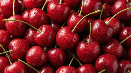 Fresh Ripe Cherries with Water Droplets Close Up Macro Shot