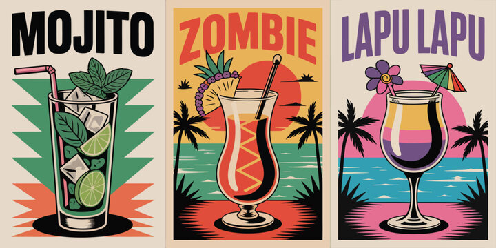 Mojito Zombie Lapu Lapu Poster Set, retro 1950s cocktail bar wall art with bold vintage colors