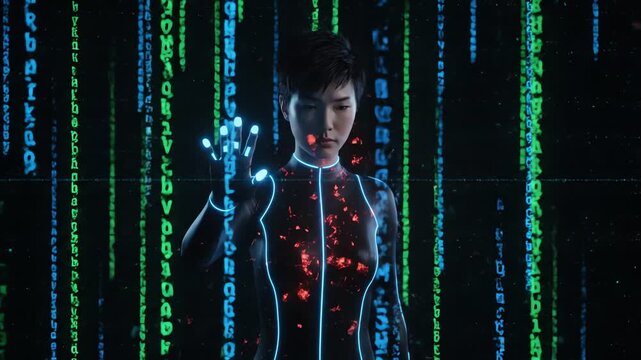 A man in a futuristic outfit with glowing blue and red lines and codes in the background with a dark and moody atmosphere.
