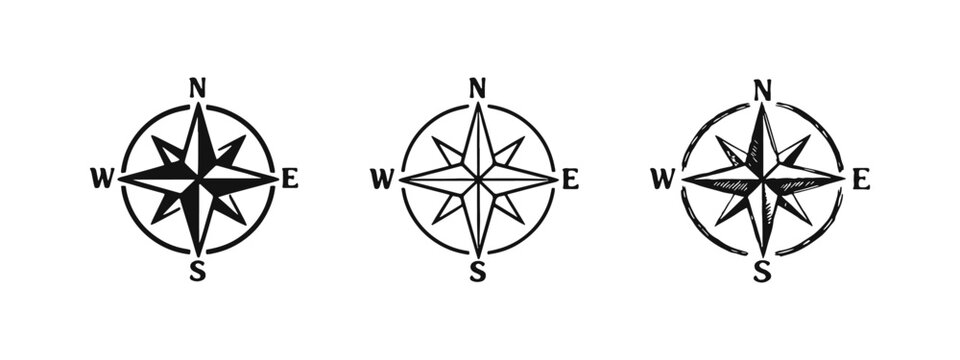 Compass Rose Icon Set. Classic Navigation Symbol with Cardinal Points in Black and White Doodle and Flat Styles.