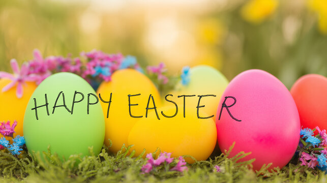 Easter eggs with happy easter text on wooden background with spring flowers, symbolizing seasonal celebration, decoration and festive holiday concept