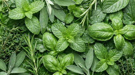 A vibrant assortment of fresh, wet herbs including mint, basil, rosemary, and sage