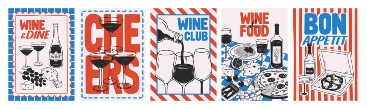 Hand drawn posters set of wine with lettering. Outline sketch illustrations with bottles and glasses of wine, pizza, cheese. Vintage linear design for kitchen wall art, cafe menu, decoration, banner