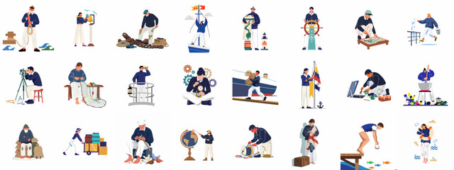 Nautical life illustrations: sailors, navigators, and fishermen performing diverse maritime tasks, from mapping and fishing to piloting ships and exploring the ocean. © Sabiqul