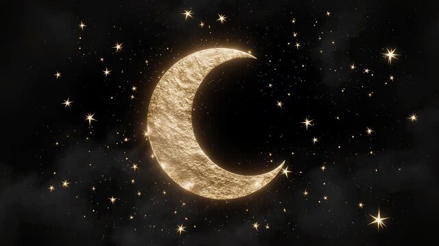 Golden textured crescent moon with a dark silhouette in a starry, cosmic night sky