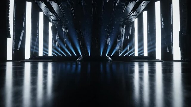 Slow cinematic dolly shot gliding across a massive, polished black reflective floor leading up to an intimidating dark futuristic stage with high vertical light pillars darkness, dramatic, reflective