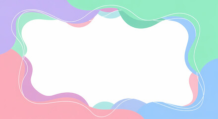 Playful abstract border frame with colorful pastel wavy shapes and delicate white outlines.