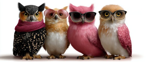 Playful Fashionable Owls Wearing Glasses &mdash; Cute Group Portrait of Four Stylish Bird Friends