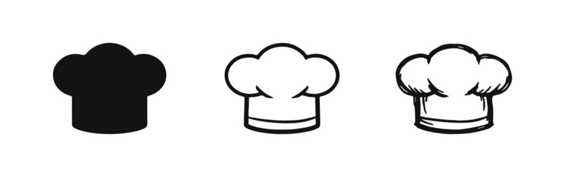 Chef hat icon set. Cooking and culinary professional symbol in flat, outline, and hand-drawn doodle styles, isolated on white background.