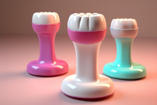 Three colorful facial brushes standing on a solid pink background for beauty and hygiene