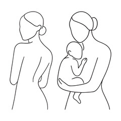 Minimalist Woman and Mother with Baby Line Art Illustration